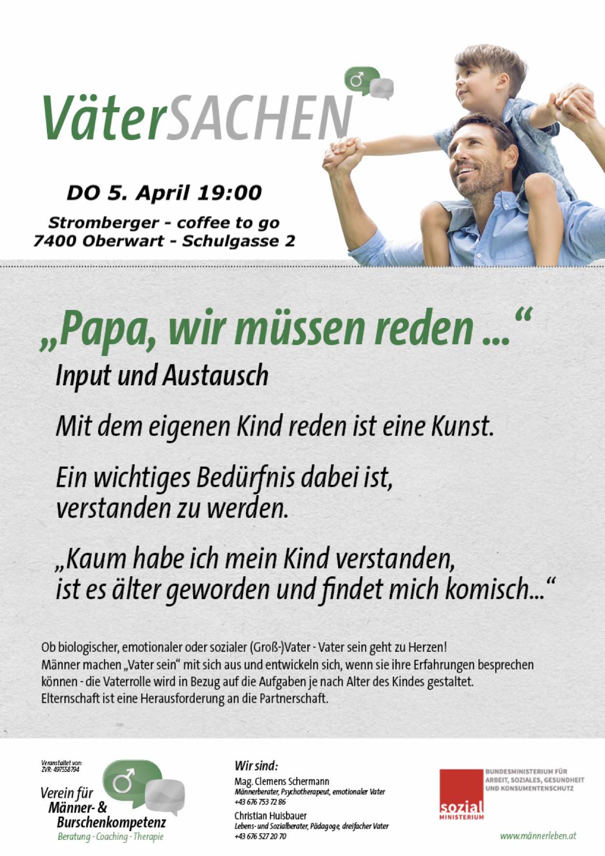 Veranstaltungsflyer - "Papa, wir müssen reden" am Donnerstag 12. April um 19:00, Haus St. Stephan, 7373 Oberpullendorf - Schlossplatz 4
